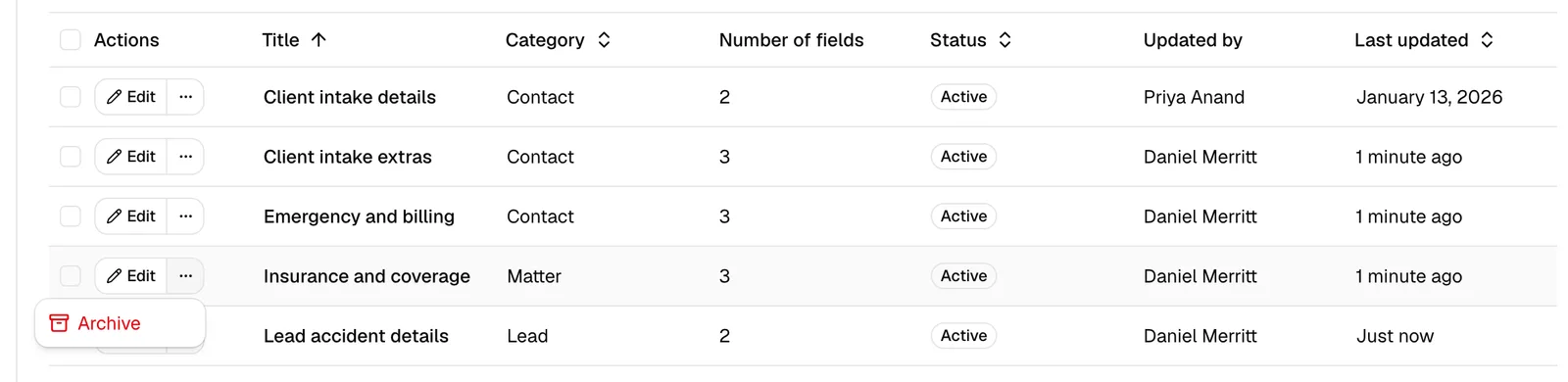 A field set row with the ... menu open showing the Archive option (for an active set) and, separately, an archived row showing Restore and Delete.