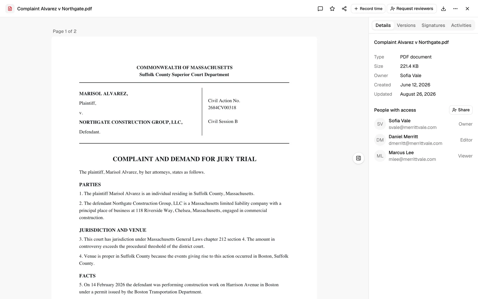 The full-screen file page with a PDF in the main pane and the Details tab open on the right showing People with access.