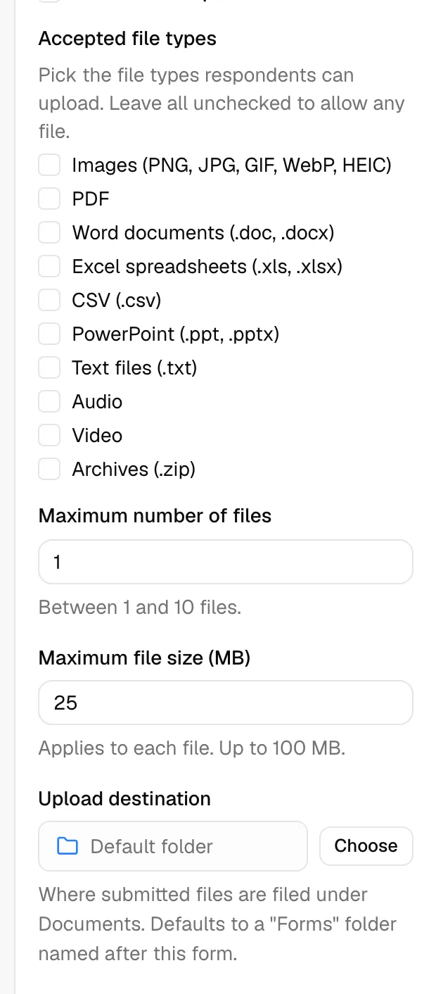 The properties panel General tab for a selected File upload element, showing Accepted file types, Maximum number of files, Maximum file size (MB), and the