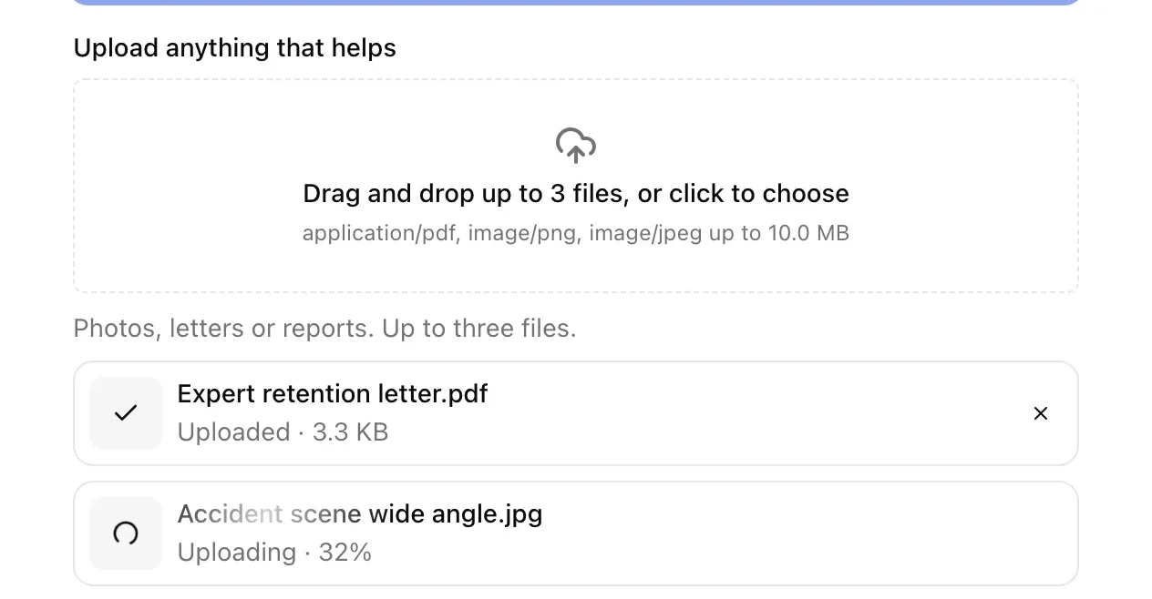 A file-upload question with one finished file (check mark, file name, and Uploaded with its size), a second file mid-upload reading Uploading with its