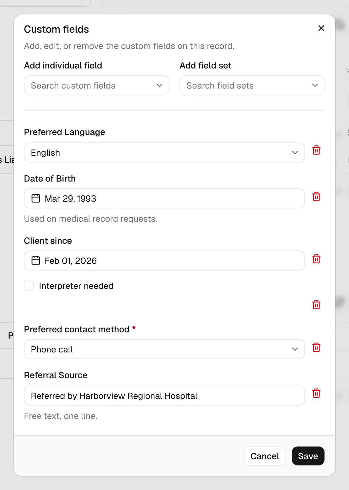 The record Custom fields dialog populated with several fields of different types (text, dropdown, date), a required field flagged, and the Save button at the