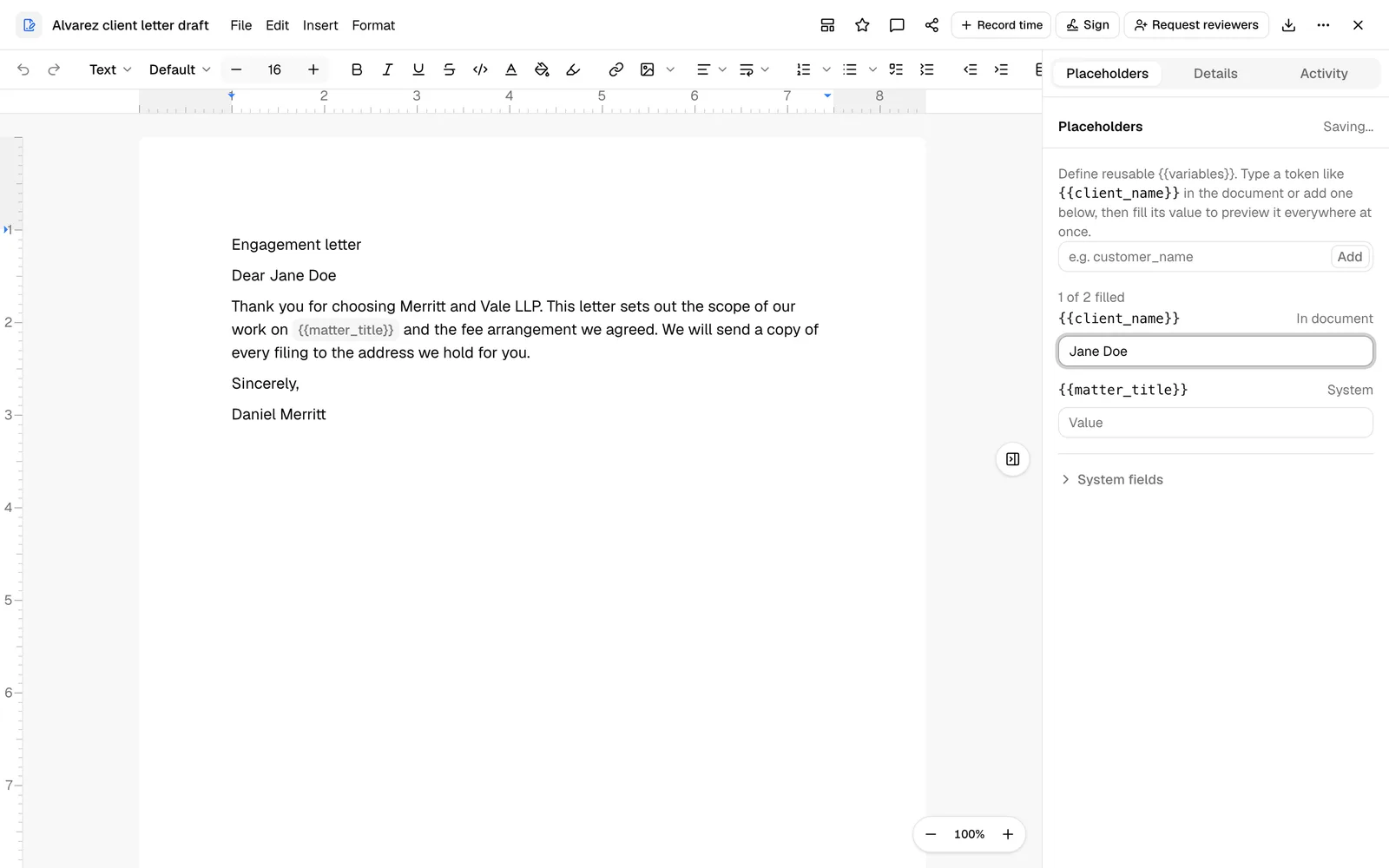 The Placeholders list with a client_name row, its Value field showing Jane Doe, and the matching values in the document updated to Jane Doe.
