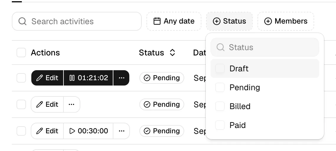 The activities toolbar with the Search box, date-range filter, Status filter open showing Draft/Pending/Billed/Paid, and the Member filter.