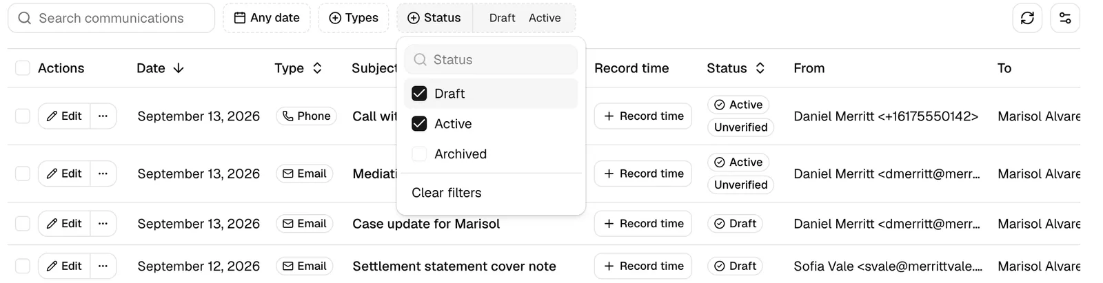 The Communications tab with the Status filter open and Draft selected, and a draft row showing its Edit button.