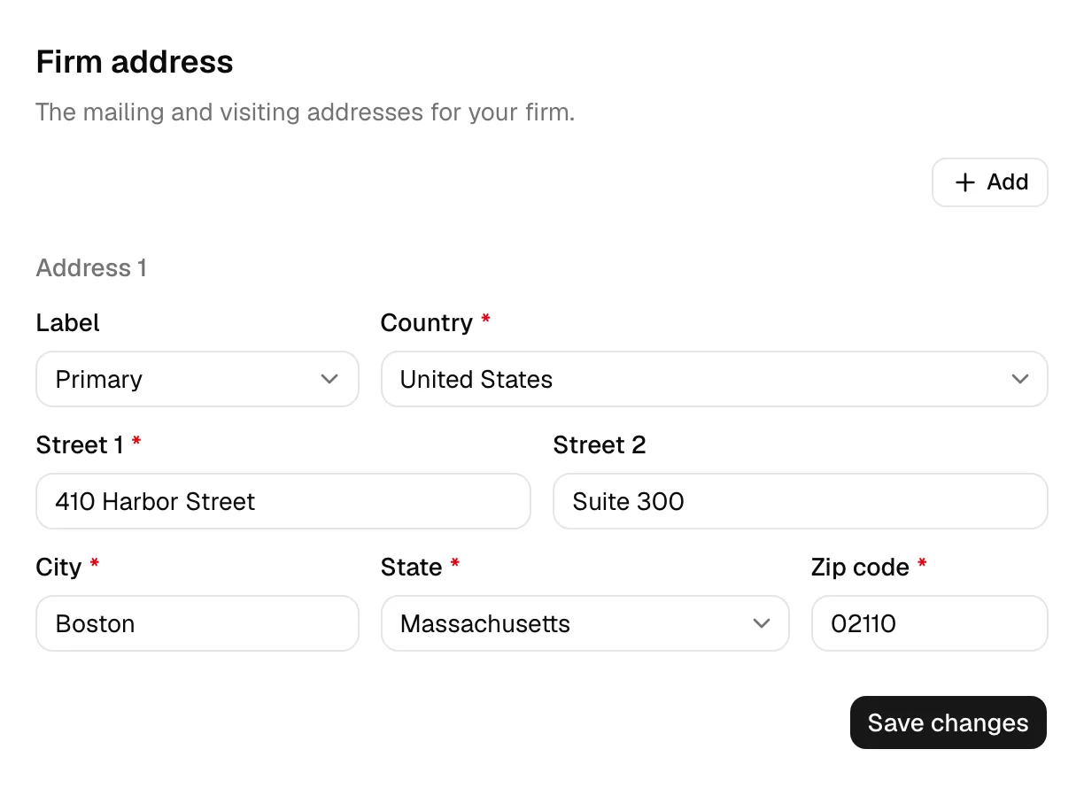 The Firm address section showing Address 1 with the Label and Country selectors on top and the Street, City, State, and Postal code fields below, plus the Add