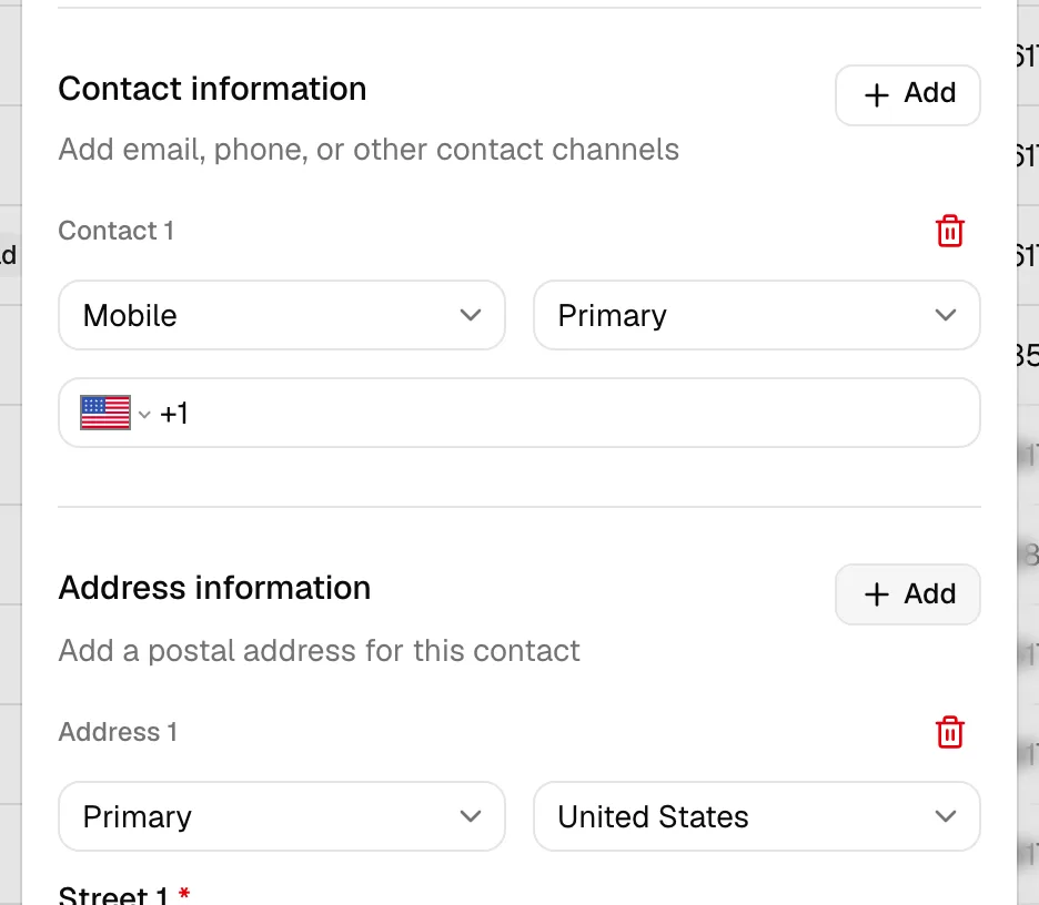 A New contact dialog for a Philippine firm, showing the phone row with the +63 flag and dial code preselected and the address Country dropdown already reading