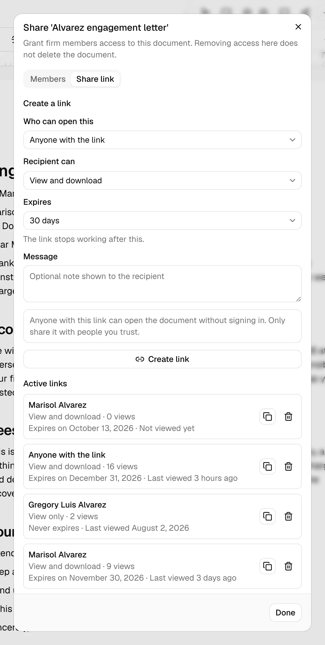 The Share link tab of the Share dialog, highlighting the Who can open this and Recipient can dropdowns, and the Create link button.