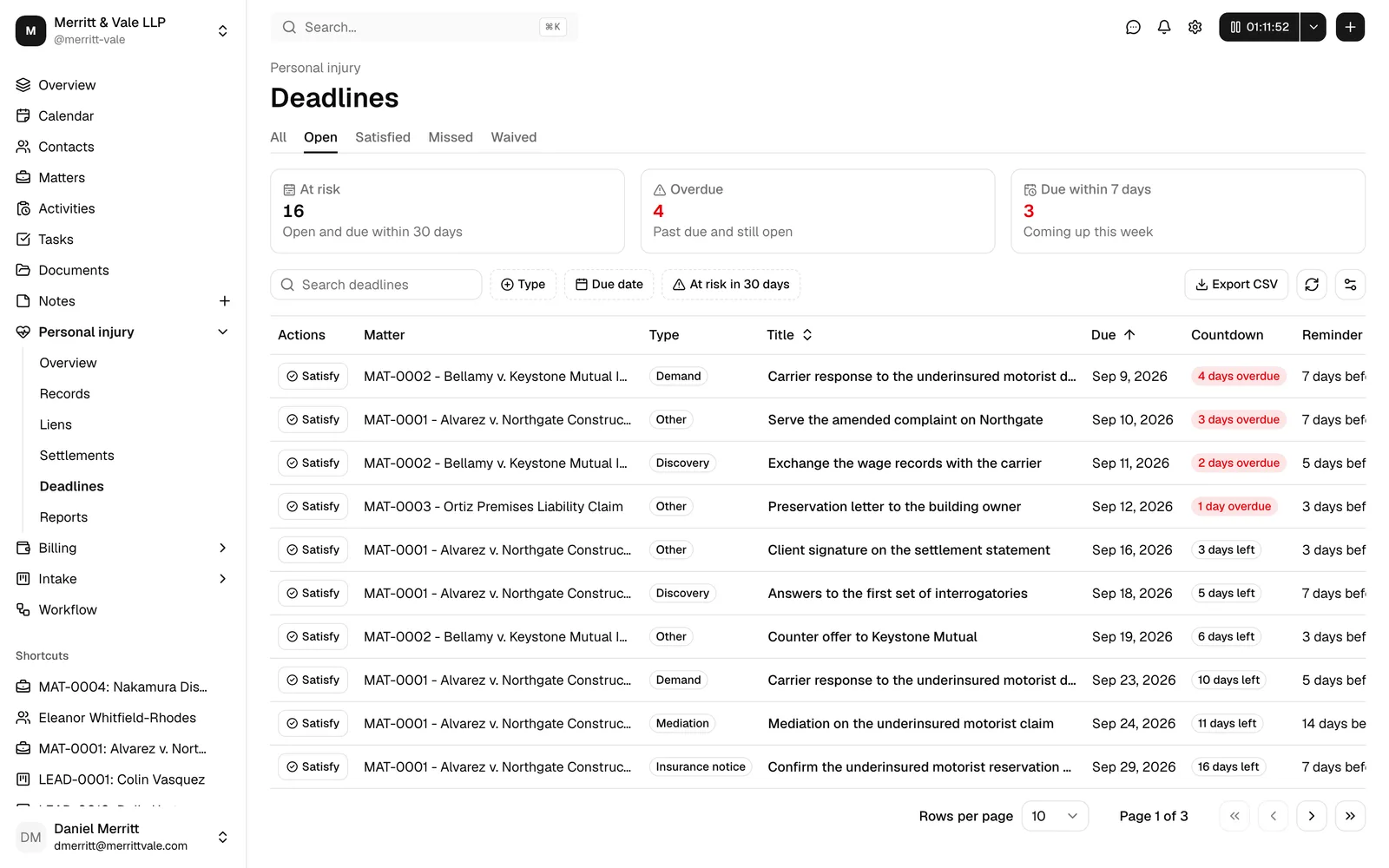 The firm deadlines page with the three stat cards, the Status filter set to Open, and a row showing the Satisfy button.