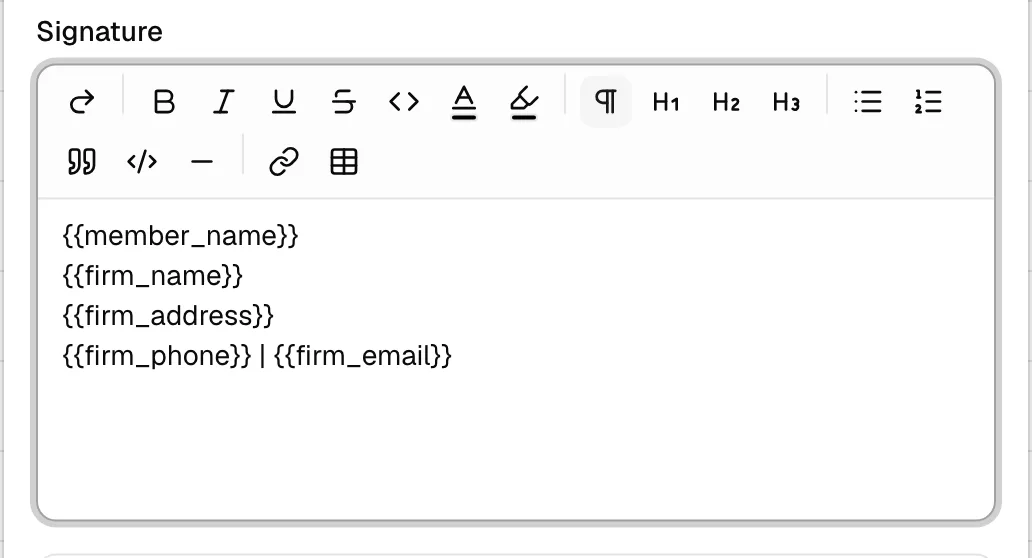 The Signature editor showing a firm signature that uses placeholders such as {{member_name}}, {{firm_name}}, and {{firm_address}}.