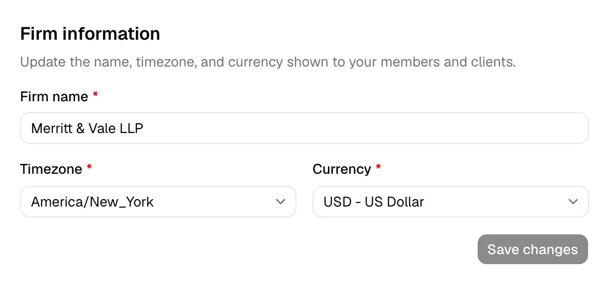 The Firm information section showing the Firm name field and the Timezone and Currency searchable dropdowns side by side, with the Save changes button at the