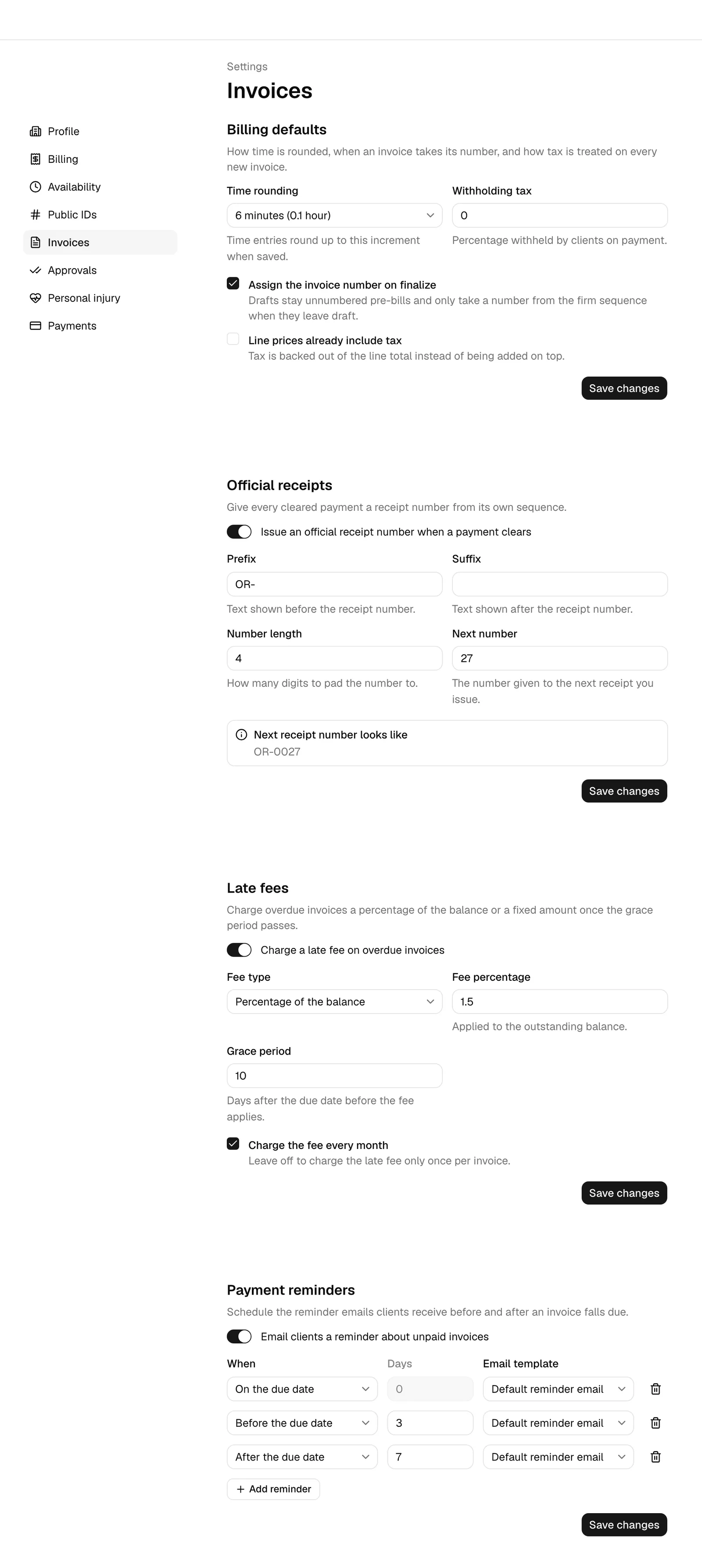 The Settings > Firm > Invoices page showing the four sections stacked down the page: Billing defaults, Official receipts, Late fees, and Payment reminders.