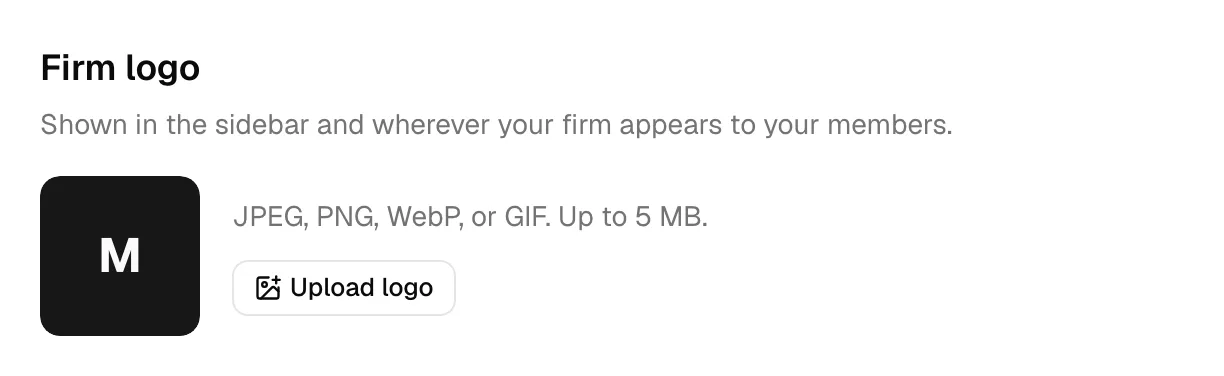 The Firm logo section showing the square logo preview on the left and the Change logo and Remove buttons on the right, with the helper text "JPEG, PNG, WebP