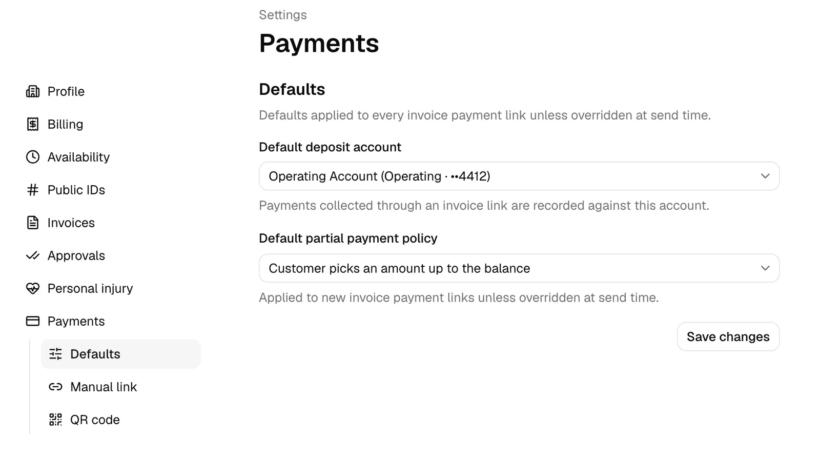 The Payments page under Firm, showing the default deposit account picker and the manual link and QR code sections.