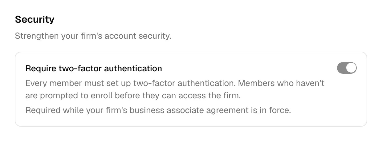 The Security section on Settings > Profile showing the Require two-factor authentication toggle (owner only).