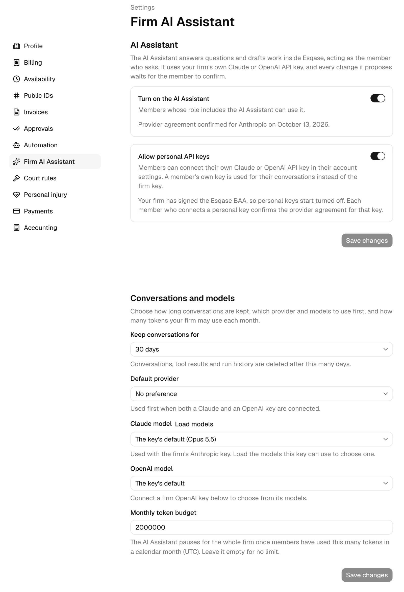 The Firm AI Assistant settings page: the two switches, the Conversations and models fields one per row, and a Save changes button under each section.