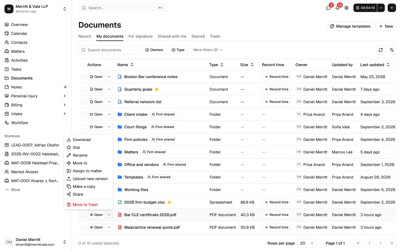 The documents list with a document's "..." row menu open, highlighting the Share item.