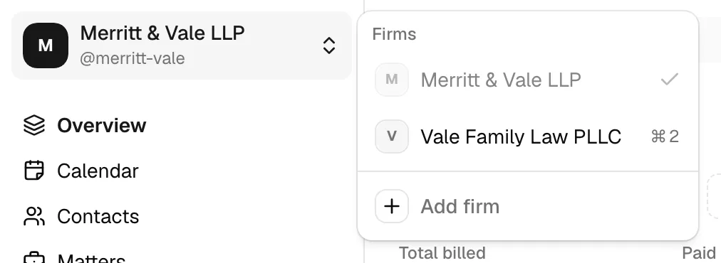 The open firm switcher dropdown listing the firms under the Firms heading, the active firm marked with a check, and the Add firm item with a plus icon at the
