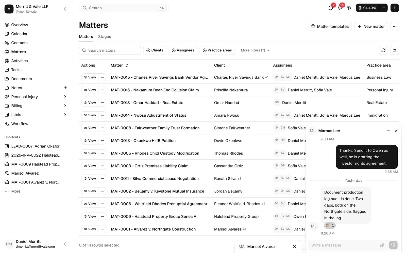 Two chat panels docked at the bottom-right of the dashboard, one showing an open conversation thread and the other minimized to a small bar.