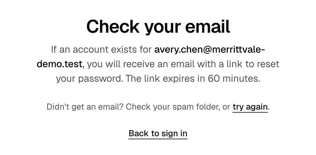 The Check your email confirmation screen after requesting a reset, highlighting the 60-minute expiry note.