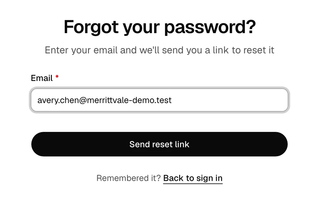 The Forgot your password? screen showing the Email field and the Send reset link button.