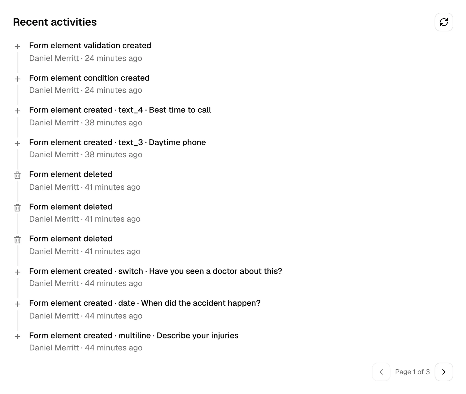 The Recent activities timeline beneath the submissions table, showing a few entries (submission received, submission archived, form edited) with actor names