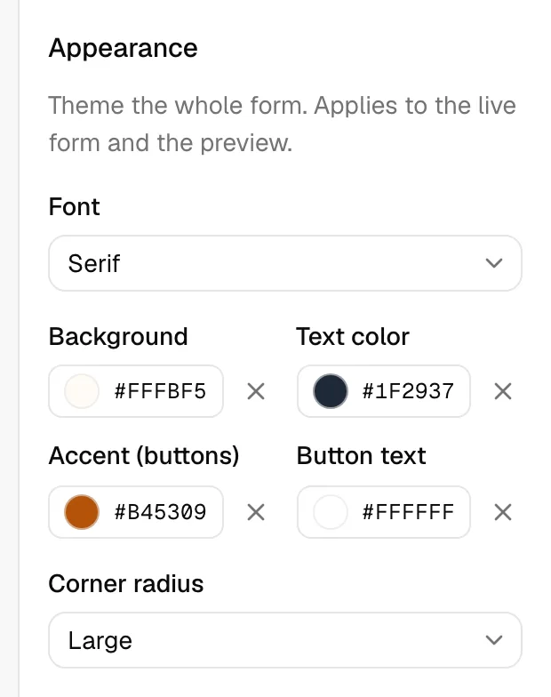 The Form settings view of the properties panel (no element selected), scrolled to the Appearance section showing Font, Background, Text color, Accent, Button