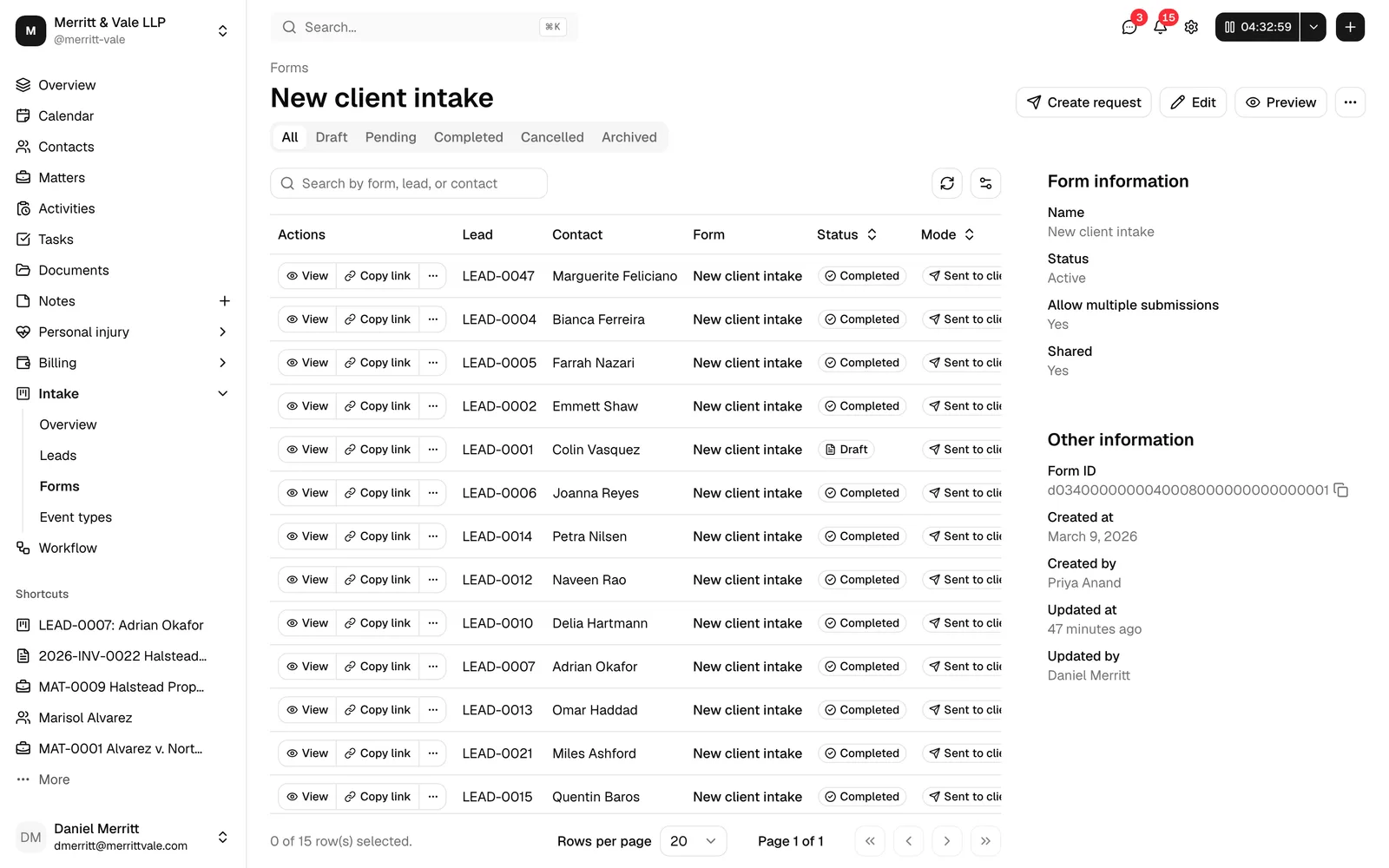 The form detail page with the submissions table in focus, the status tabs (All, Draft, Pending, Completed, Cancelled, Archived) above the table, and the header