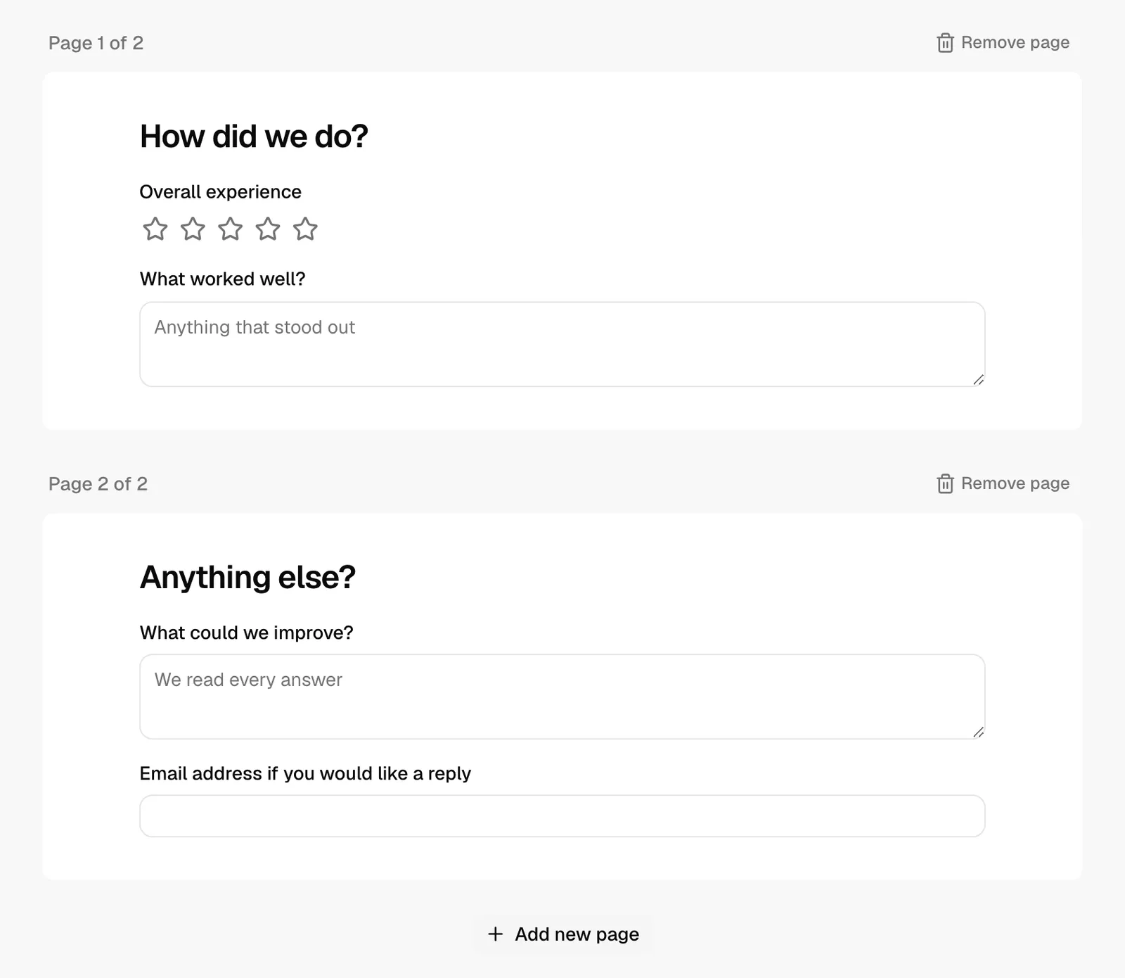 The builder canvas showing two pages stacked vertically, each with a "Page X of Y" header, the Remove page button on the second page, and the Add new page