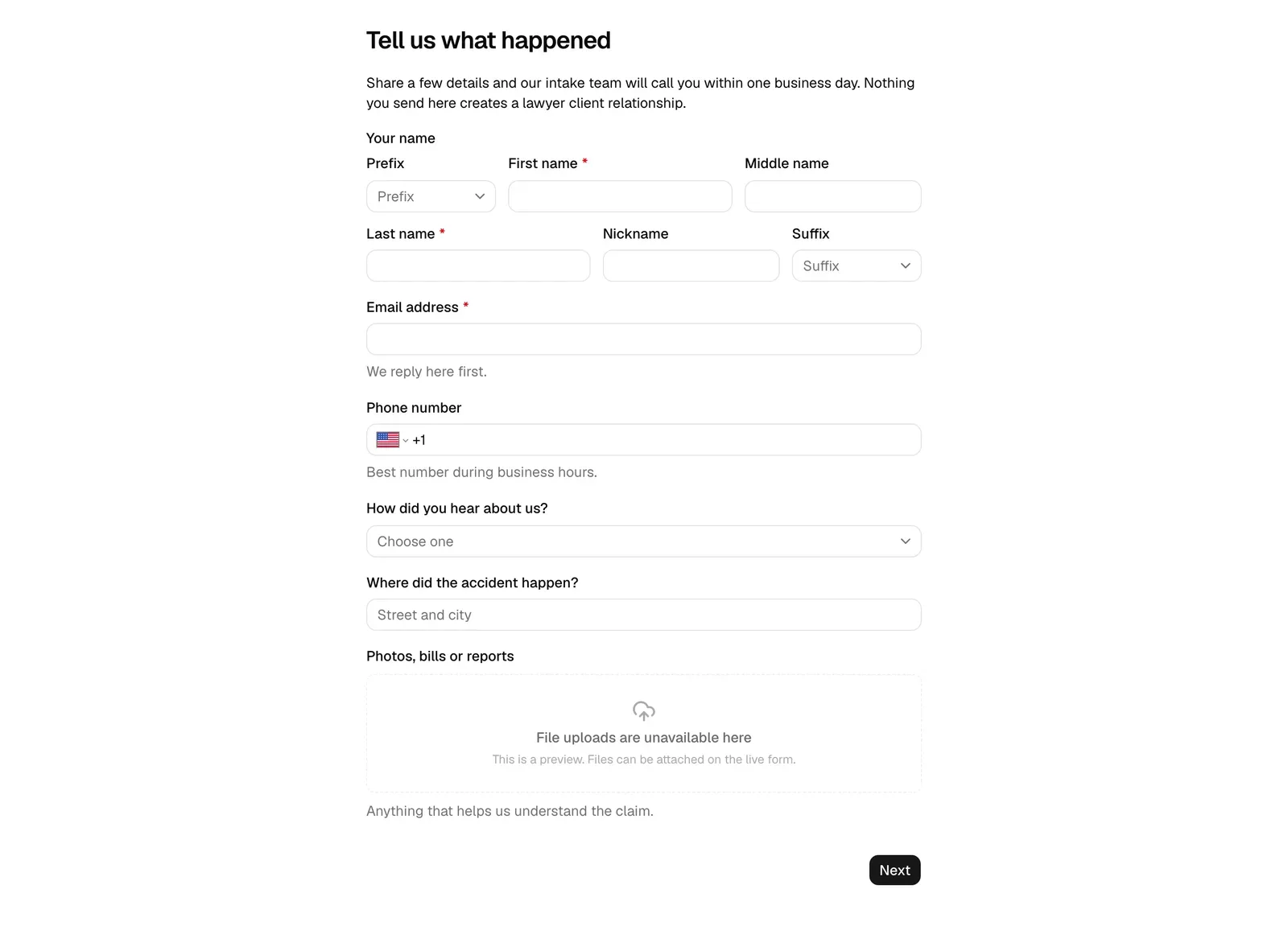 A form preview in a new tab showing the rendered questions and a multi-page form's first page, with the Preview button highlighted in the builder toolbar
