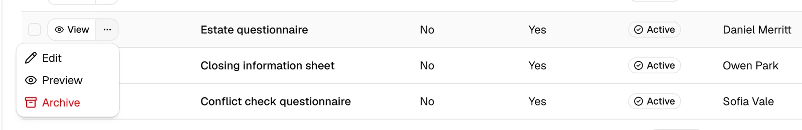 A form row with the More form actions menu ("...") open, showing Edit, Preview, and Archive.