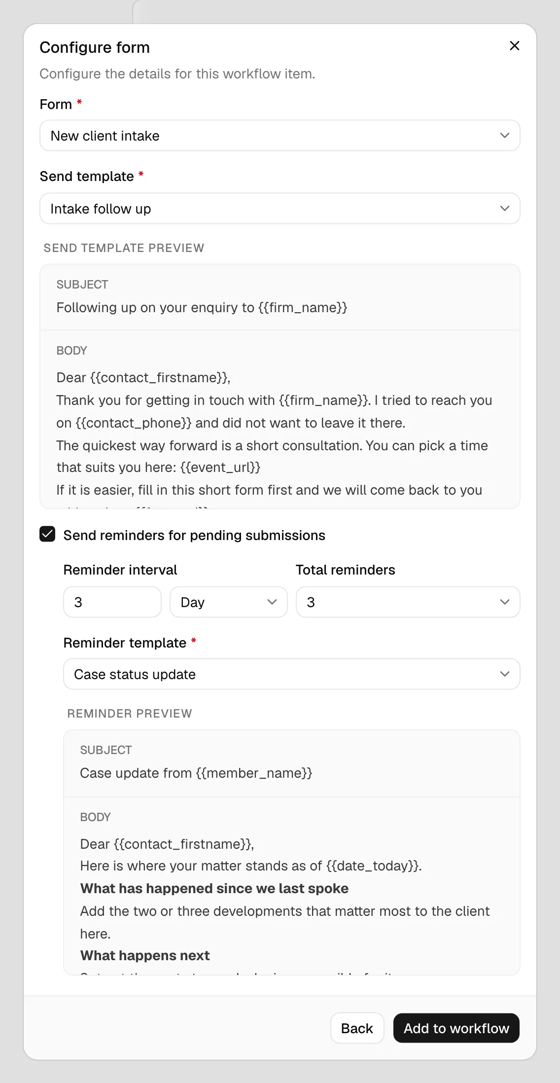 The Form step with a form and send template chosen, Send reminders for pending submissions checked, and the reminder interval, total reminders, and reminder