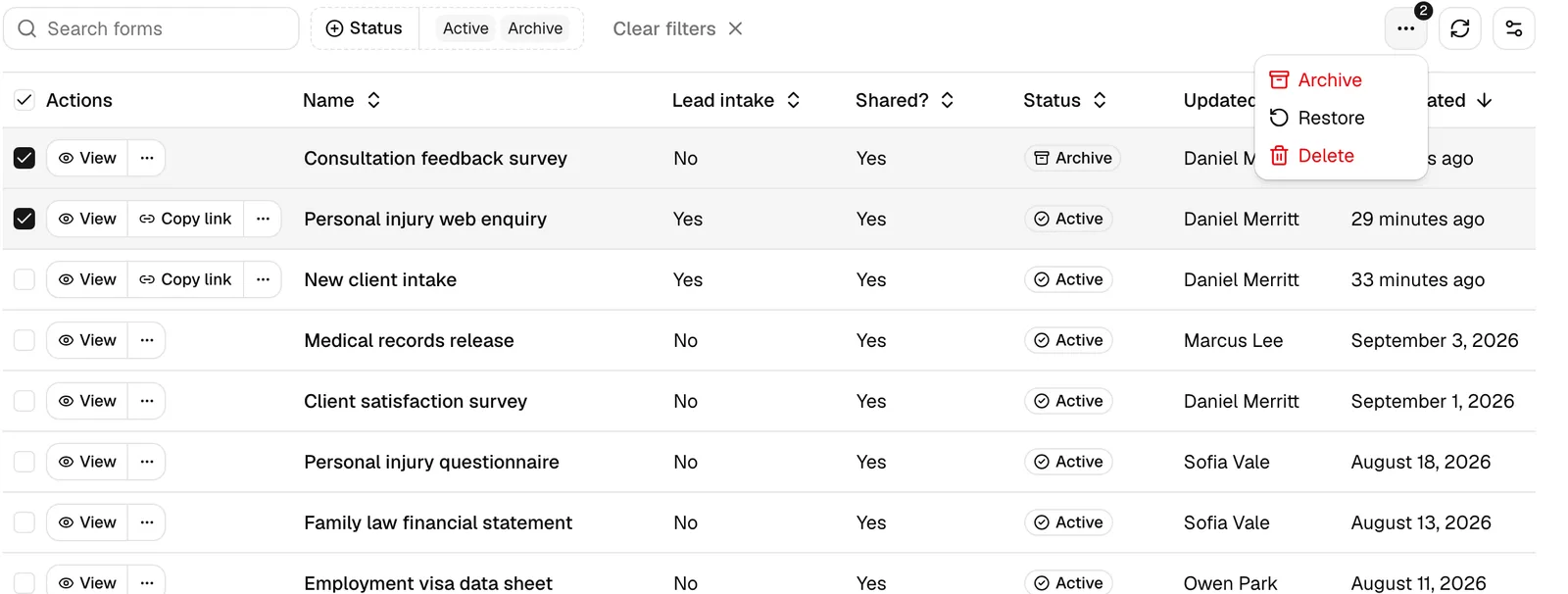 The forms table with two rows selected by their checkboxes and the batch actions menu open, showing Archive, Restore, and Delete.