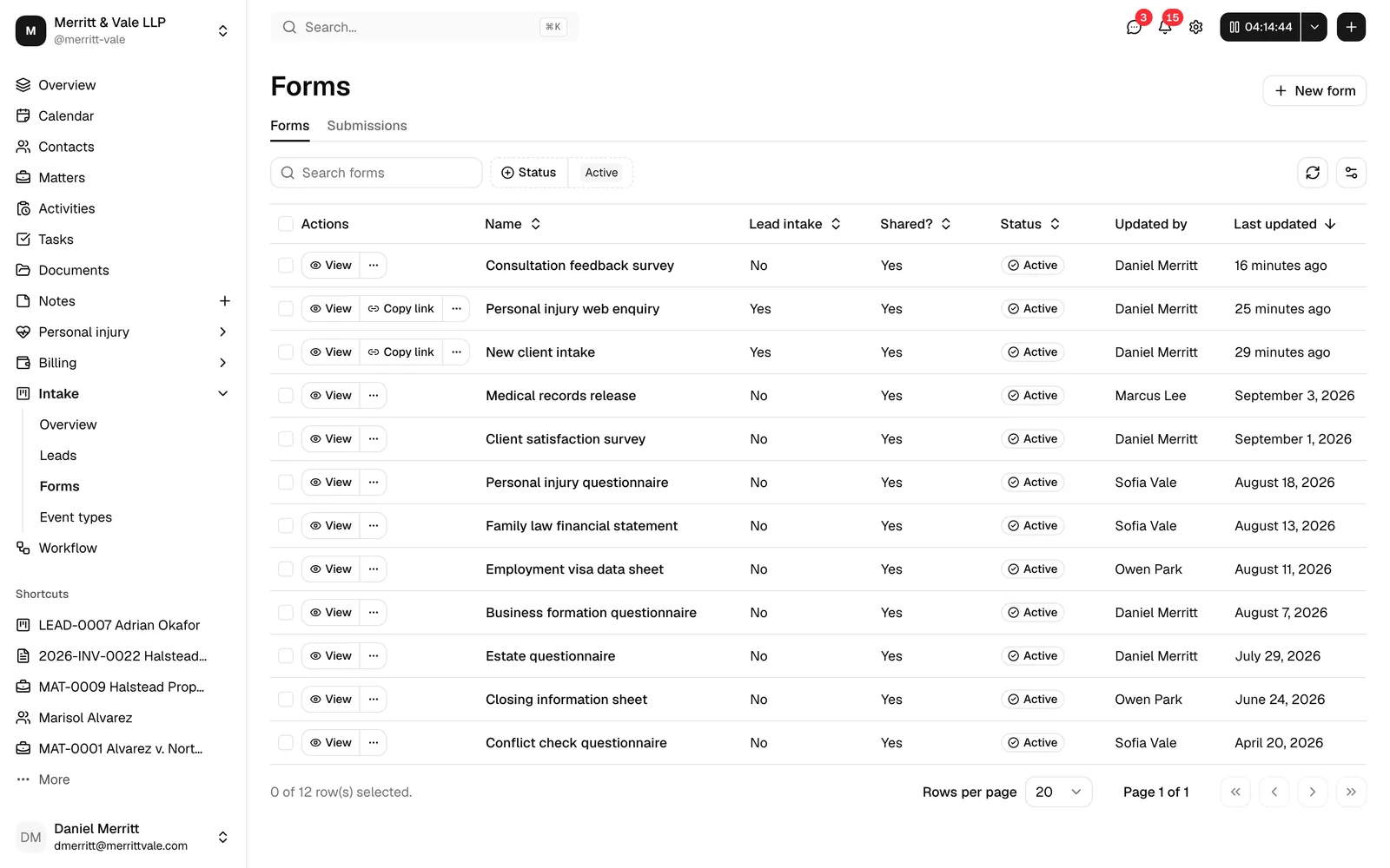 The Forms workspace with the Forms tab active, showing the forms table, the Status filter, the search box, and the New form button in the top right.