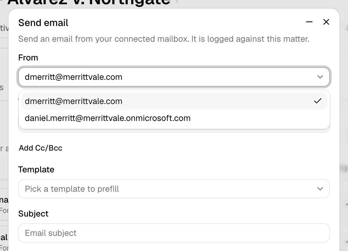 The email composer with the From picker open, listing the connected Gmail and Outlook addresses.