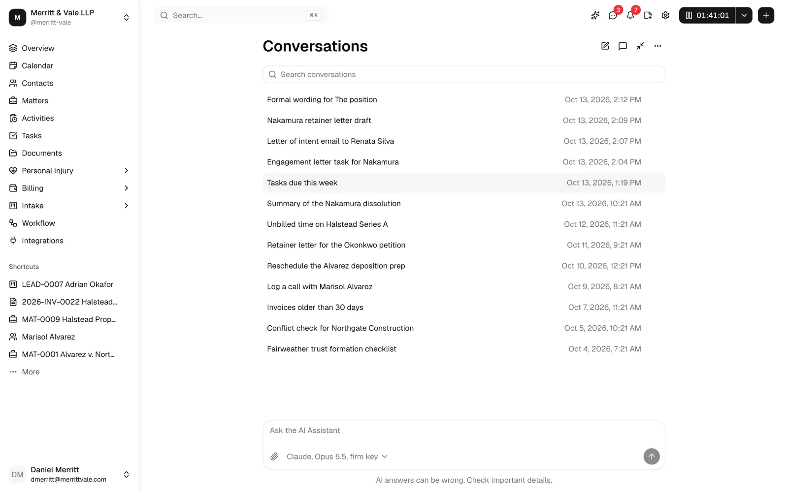 The full AI Assistant page showing the Conversations list: the Search conversations box, each conversation's title and time, and the message box below.