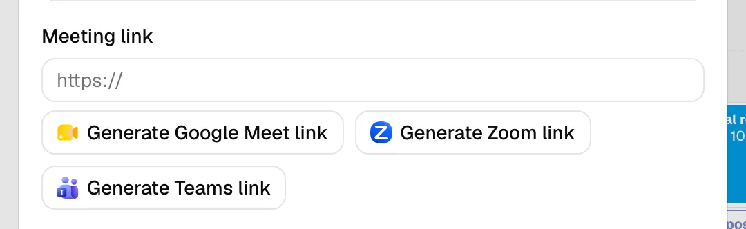 The event form's Meeting link field with the Generate Google Meet link, Generate Teams link, and Generate Zoom link buttons beside it.