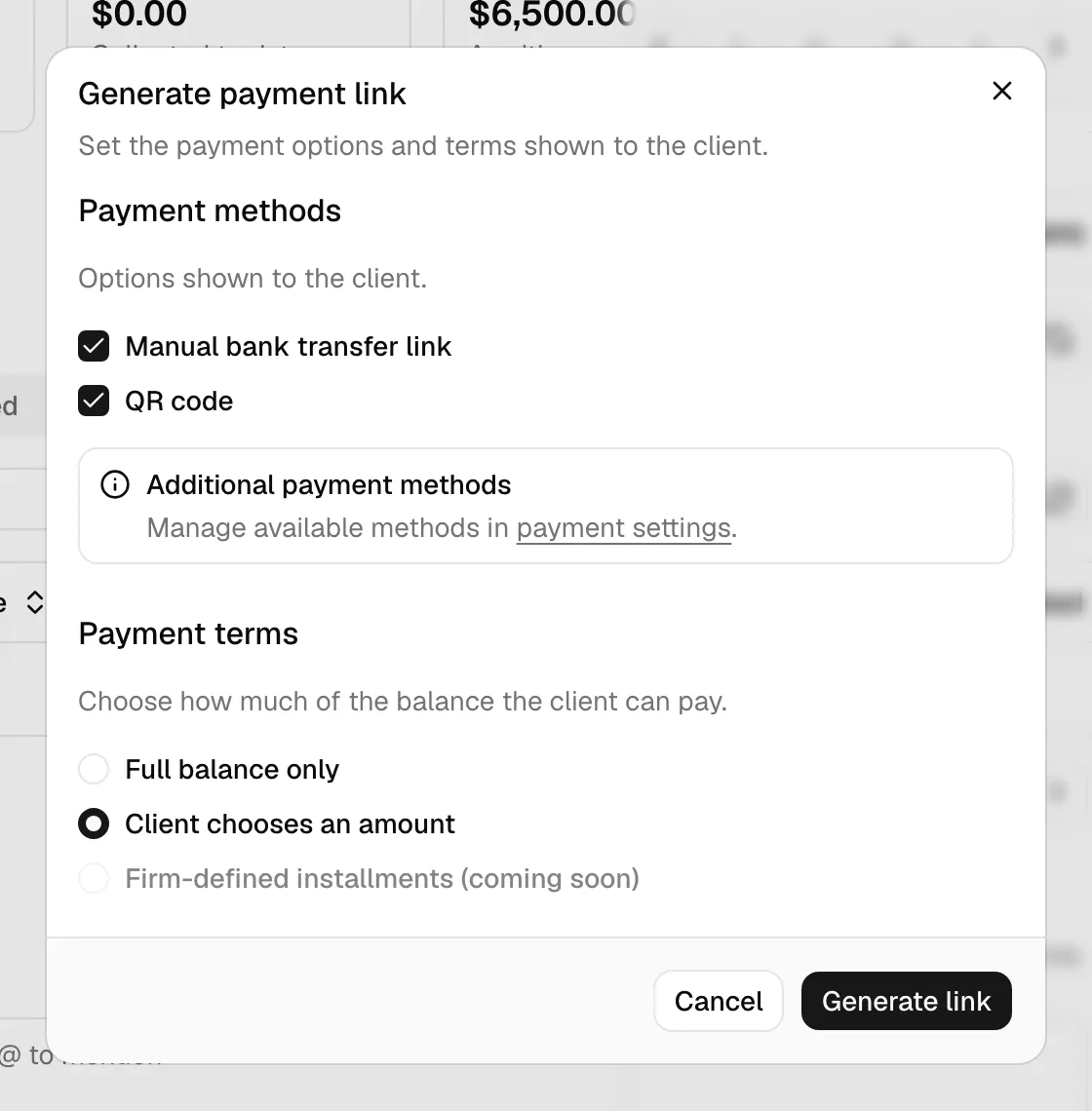 The Generate payment link dialog on an invoice, with the Payment methods checkboxes and the Payment terms radio options visible. Highlight the Generate link