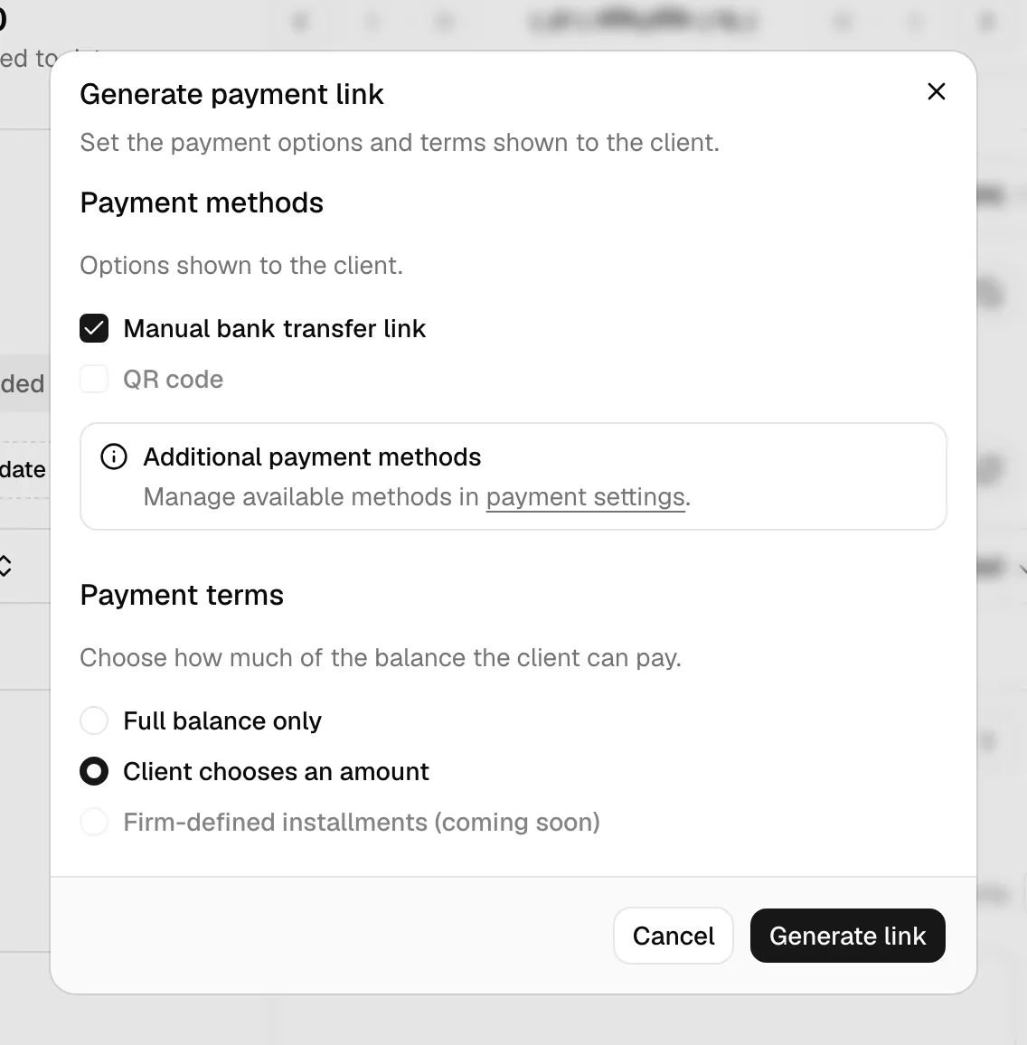 The Generate payment link dialog showing the Payment methods checkboxes and the Payment terms radio options, with the Generate link button.