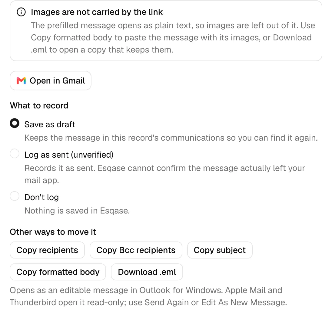 The hand-off step scrolled to Other ways to move it, showing the Copy recipients, Copy Bcc recipients, Copy subject, Copy formatted body, and Download .eml