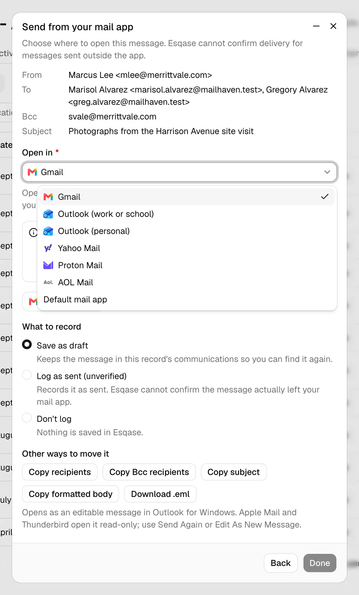 The Send from your mail app step, showing the message recap, the Open in picker open with the mail app options, and the Open in Gmail button.