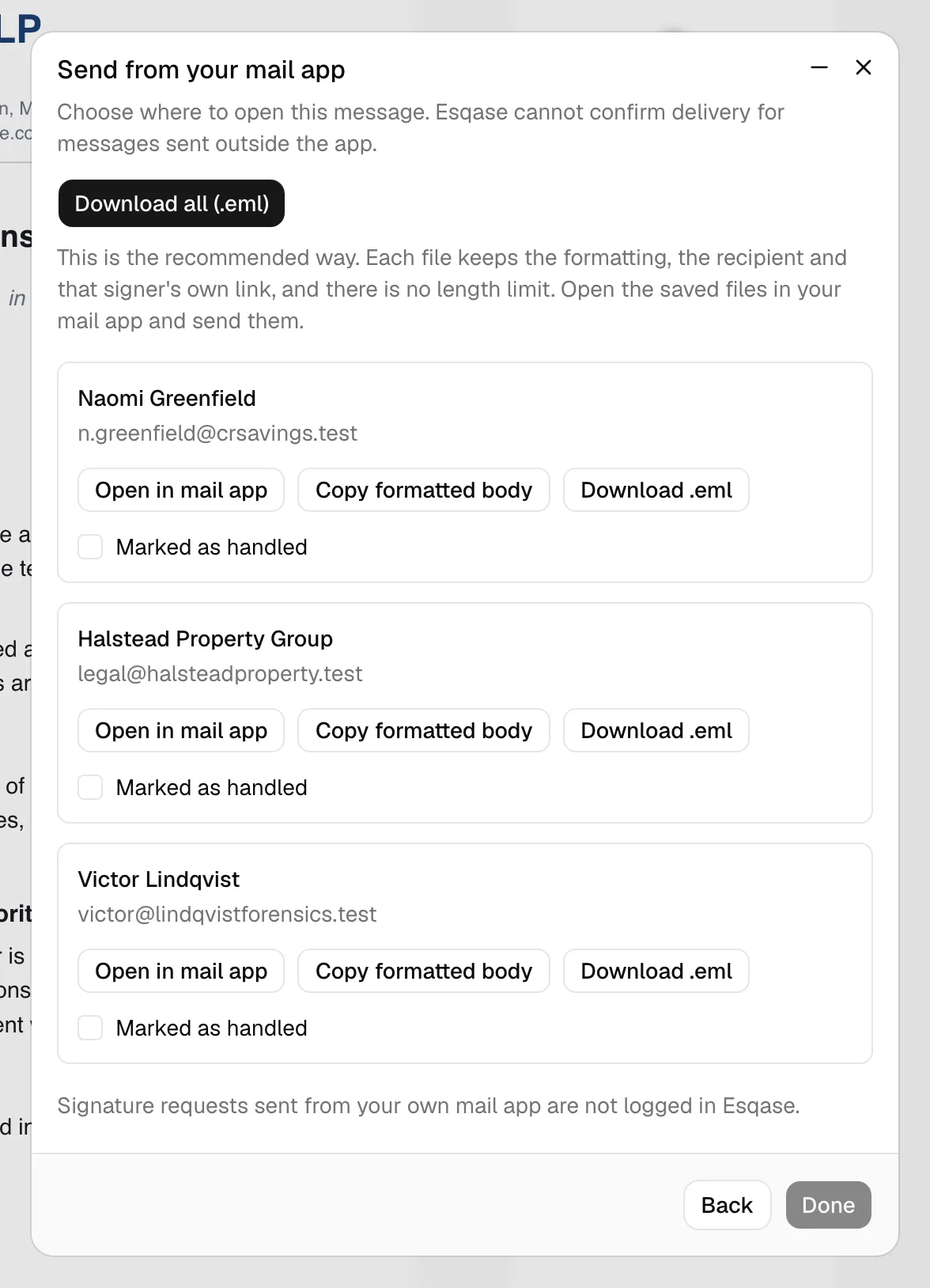 The hand-off step for Send to signers with three signers listed, the Download all (.eml) button at the top, and one row's Open in mail app, Copy formatted