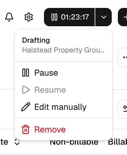 The dashboard header timer widget, with the running clock button and its open menu showing Pause, Resume, Edit manually, and Remove.