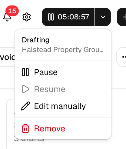 The running-time timer in the header showing a live elapsed time, with its dropdown menu open to show Pause, Resume, Edit manually, and Remove.
