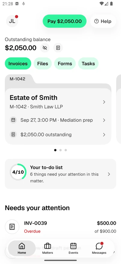 Home in the Esqase Client app, showing the Pay and Help pills, the outstanding balance, the Invoices, Files, Forms and Tasks chips, the matter folder with the matter number on its tab, and the to-do list.