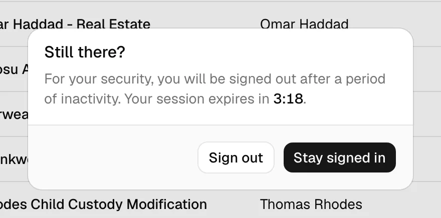 The "Still there?" prompt with the remaining-time countdown and the Stay signed in and Sign out buttons.