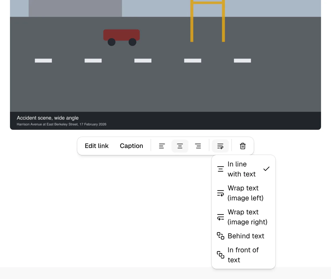 An image selected in the editor with the floating toolbar visible and the Text wrapping menu open, showing all five wrapping options.