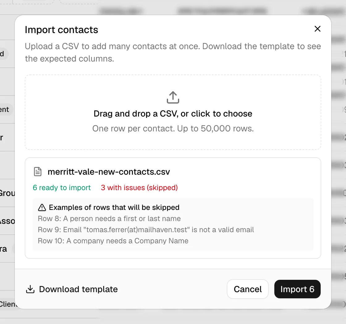 The Import contacts dialog after a file is selected, showing the file name, the green "ready to import" count, the red "with issues (skipped)" count, the