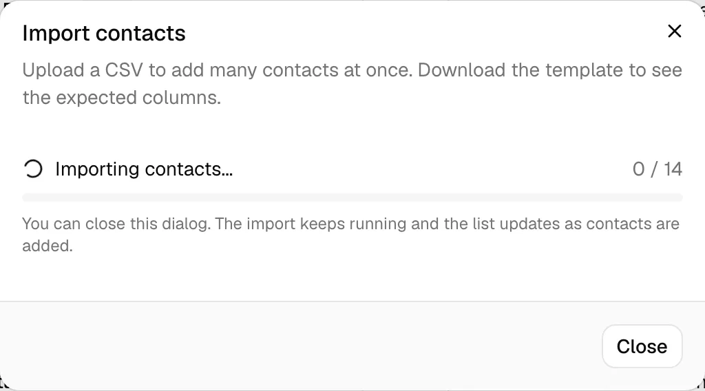 The Import contacts dialog mid-import, showing the Importing contacts... progress bar with the processed/total count and the "You can close this dialog"