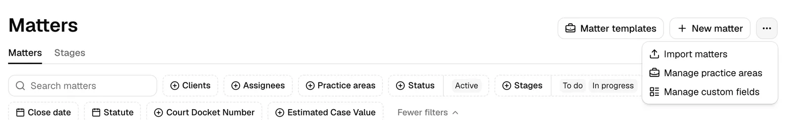 The Matters page with the More matter options ("...") menu open, showing the Import matters item. Also capture the No matters yet empty-state panel with its