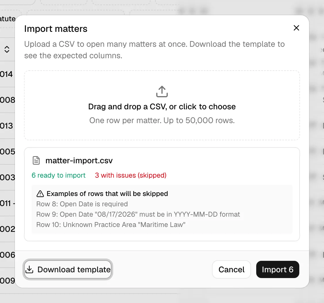 The Import matters dialog after a file is selected, showing the file name, the green "ready to import" count, the red "with issues (skipped)" count, the